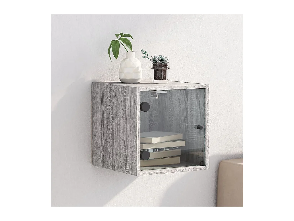 Mesita de noche | Mesilla de noche con puerta de vidrio gris Sonoma 35x37x35 cm