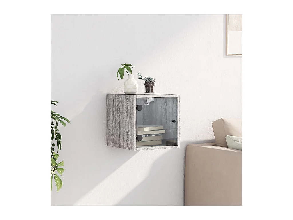 Mesita de noche | Mesilla de noche con puerta de vidrio gris Sonoma 35x37x35 cm