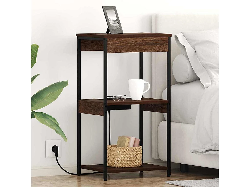 Mesita de Noche | Mesa auxiliar con Estación de Carga Marrón roble