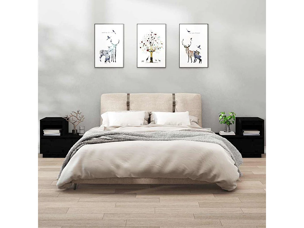 Nachttisch 2er Set-Beistelltisch-Nachttischkommode Schwarz 60x34x51 cm Massivholz Kiefer SHL48316