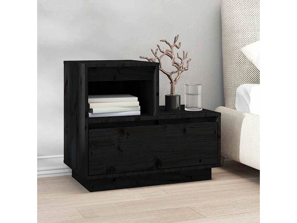 Nachttisch 2er Set-Beistelltisch-Nachttischkommode Schwarz 60x34x51 cm Massivholz Kiefer SHL48316