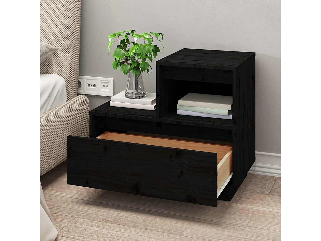 Nachttisch 2er Set-Beistelltisch-Nachttischkommode Schwarz 60x34x51 cm Massivholz Kiefer SHL48316