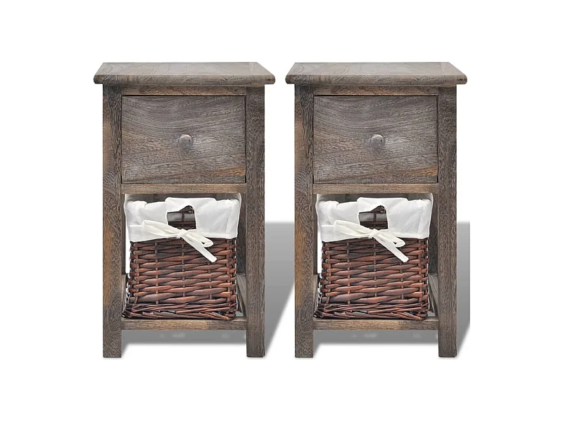 Table de chevet-Tables d'appoint 2 pcs 1xtiroir,1xpanier en osier Bois Marron