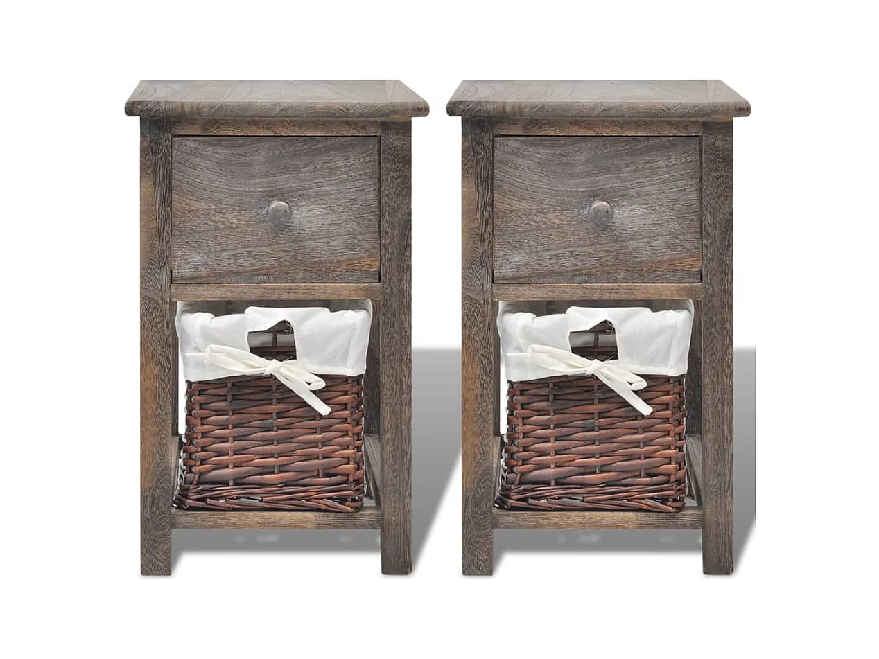 Table de chevet-Tables d'appoint 2 pcs 1xtiroir,1xpanier en osier Bois Marron