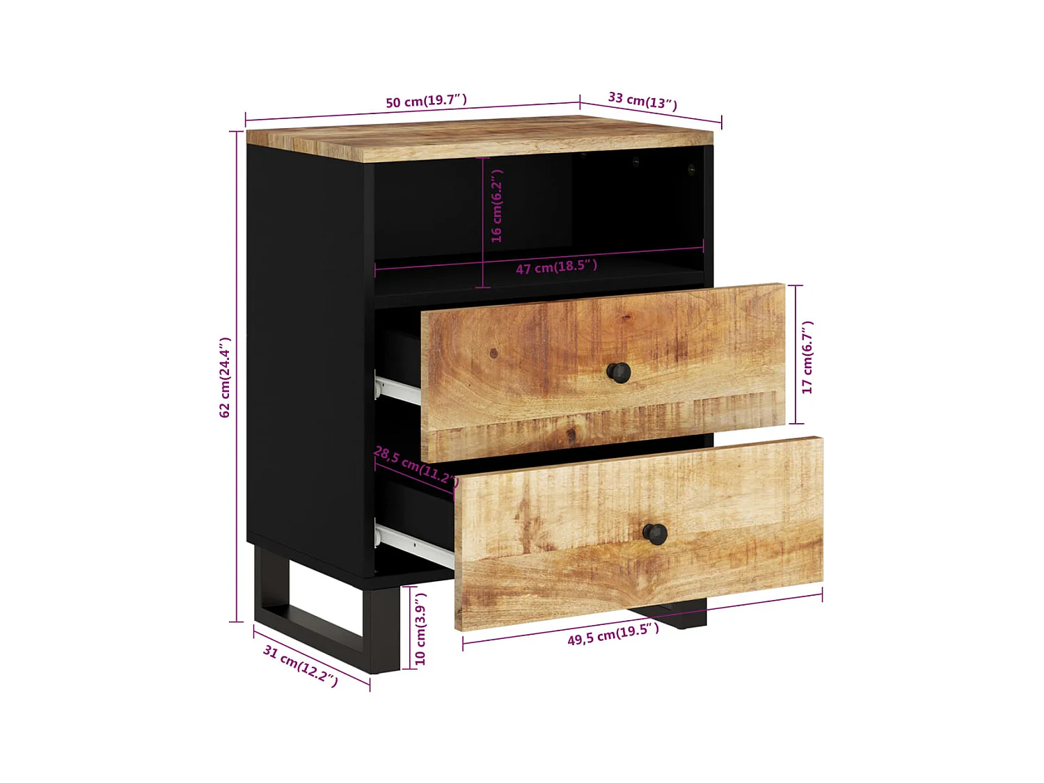 Table de chevet-Table d'appoint 50x33x62 cm Bois de manguier et d'ingénierie