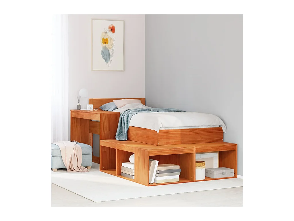 Table de chevet avec bureau cire marron bois de pin massif