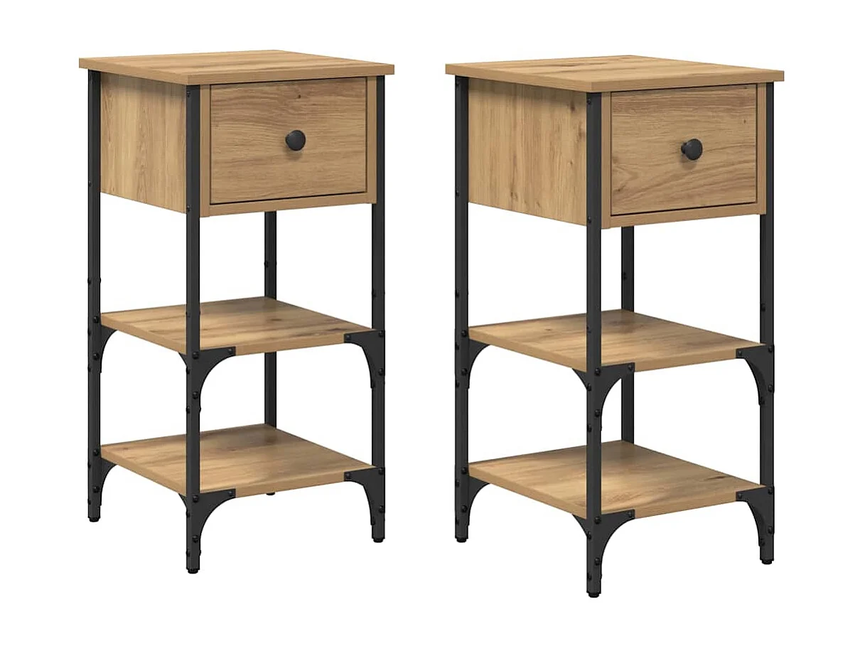 Lot de 2 Tables de chevet avec Étagères de rangement chêne artisanal 34x36x70 cm