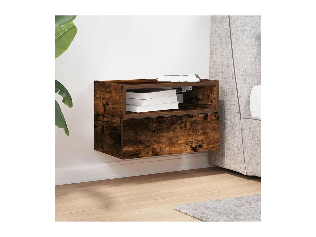 Mesita de noche | Mesilla de noche de pared color roble ahumado 45x26x28,5 cm