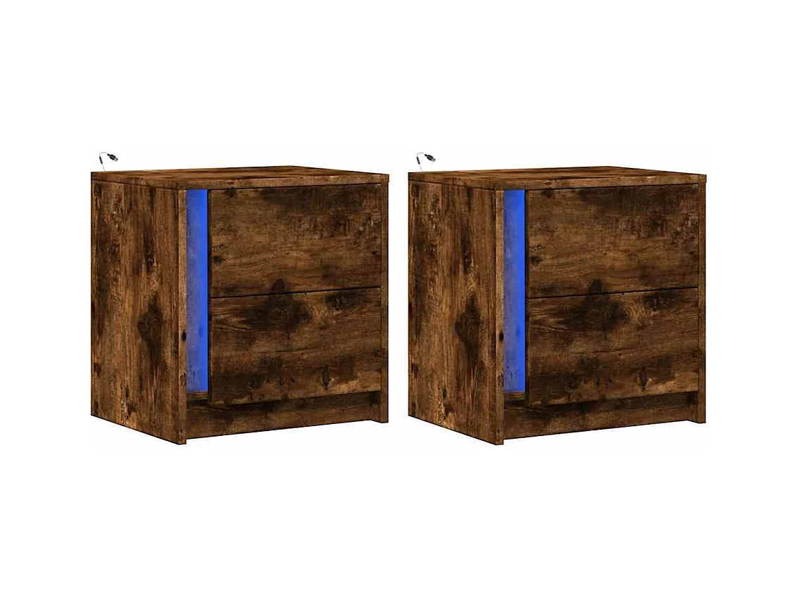 Mesita de noche | Mesilla de noche luces LED 2 uds madera ingeniería roble ahumado