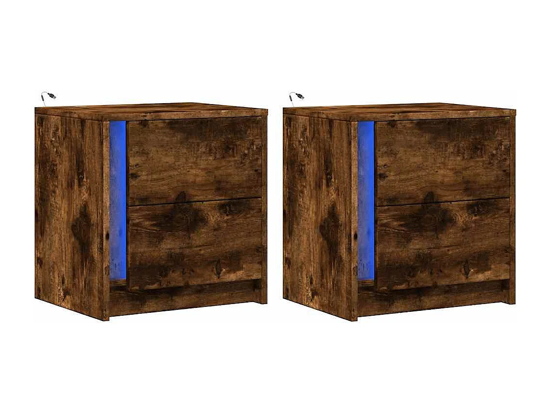 Nachttische mit LED-Leuchten 2er Set | Beistelltisch Räuchereiche Holzwerkstoff SHL50001