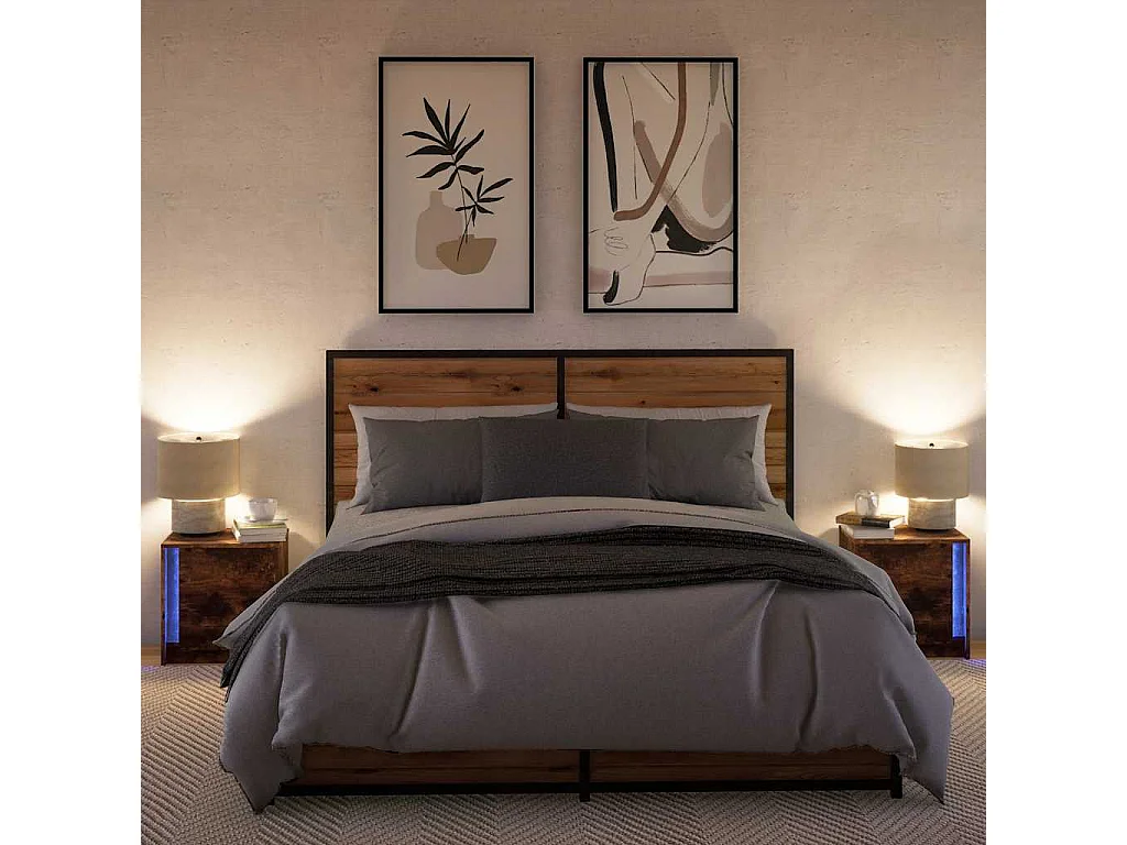 Nachttische mit LED-Leuchten 2er Set | Beistelltisch Räuchereiche Holzwerkstoff SHL50001