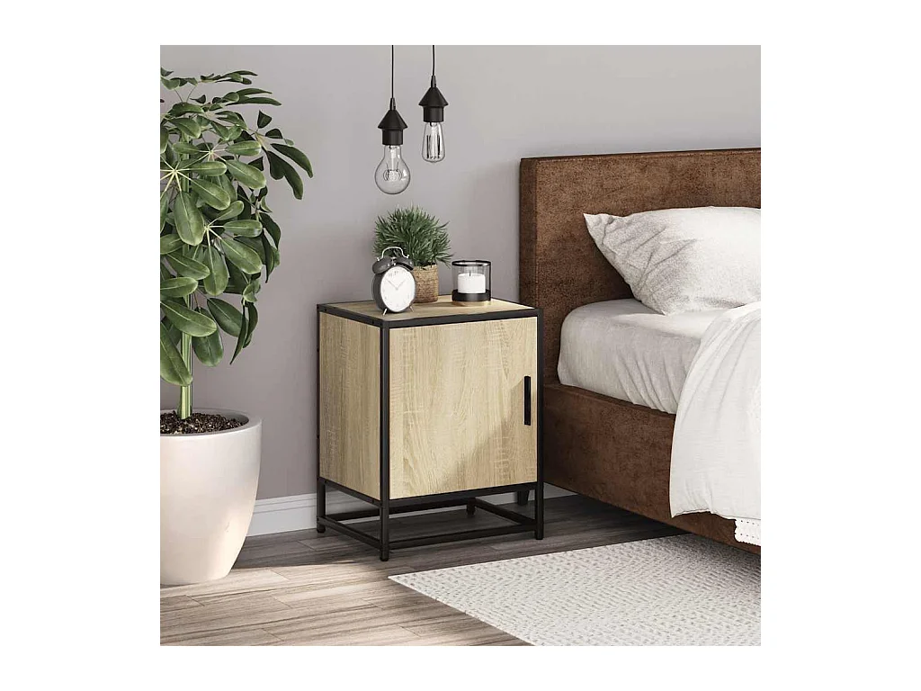 Mesita de noche | Mesilla de noche madera ingeniería roble sonoma 40x31x50cm metal