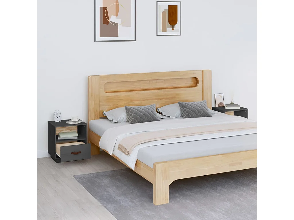 Nachttisch 2er Set-Beistelltisch-Nachttischkommode Grau 40x34x45 cm Massivholz Kiefer SHL53568