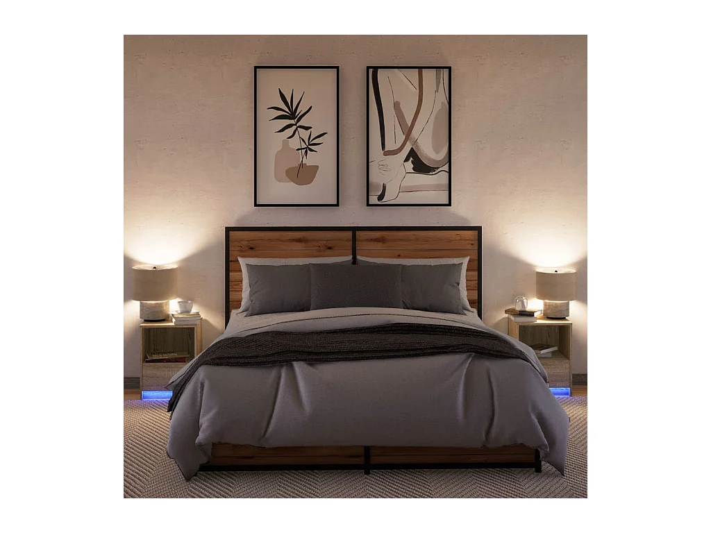 Mesitas de noche | Mesilla de noche luces LED 2 uds madera ingeniería roble Sonoma