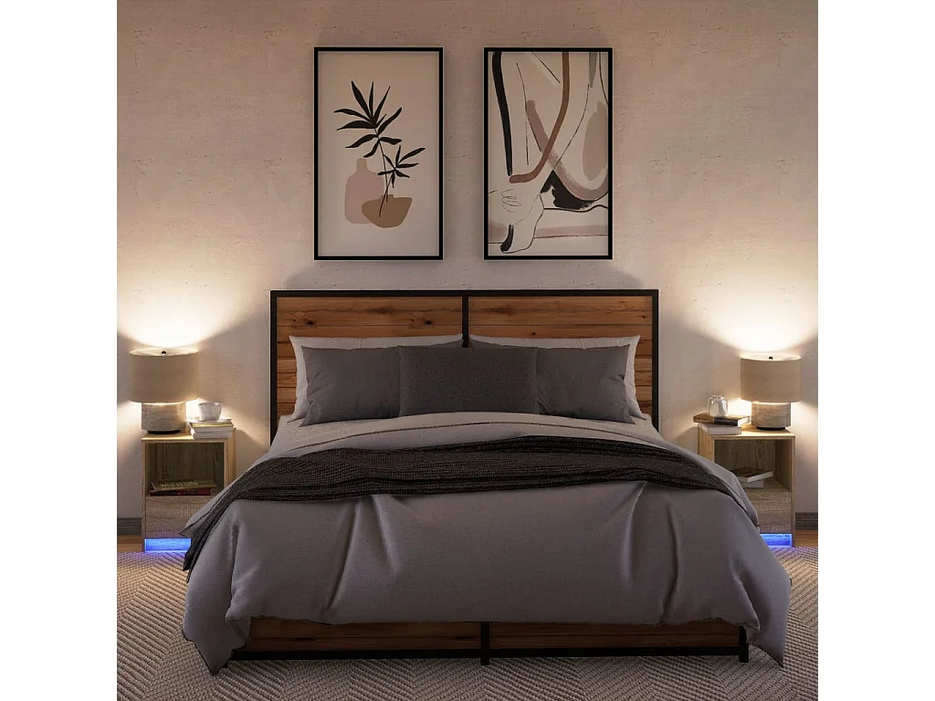 Nachttische mit LED-Leuchten 2er Set | Beistelltisch Sonoma Eiche Holzwerkstoff SHL33995