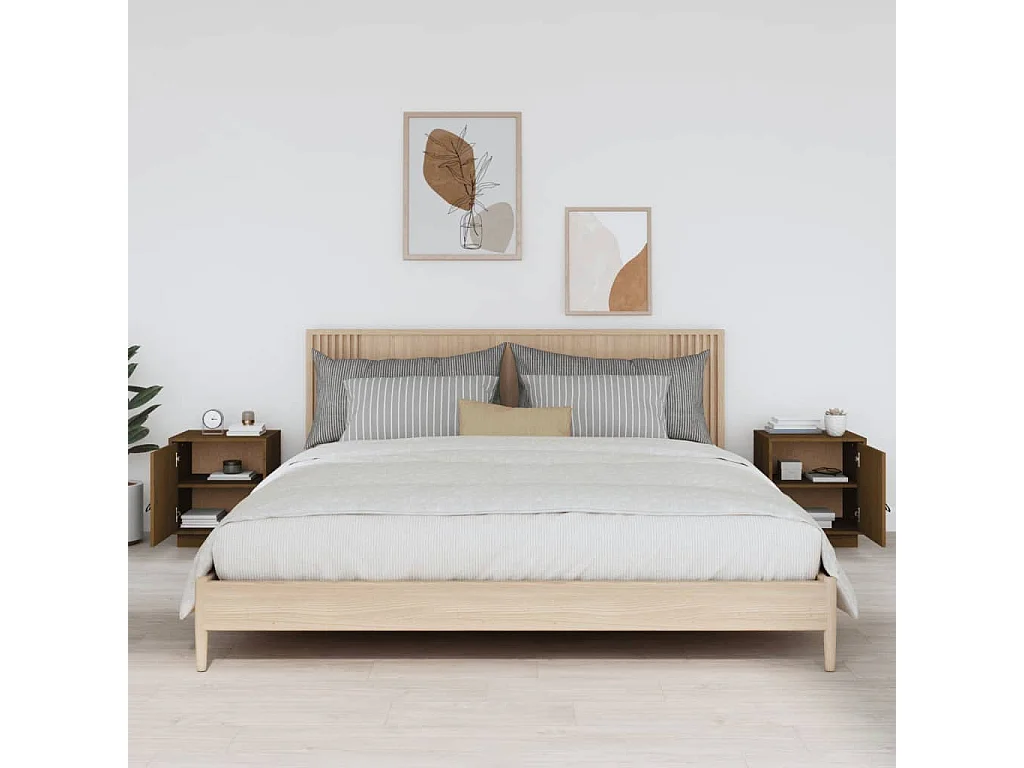 Nachttisch 2er Set-Beistelltisch-Nachttischkommode Honigbraun 40x34x45 cm Massivholz Kiefer SHL11740