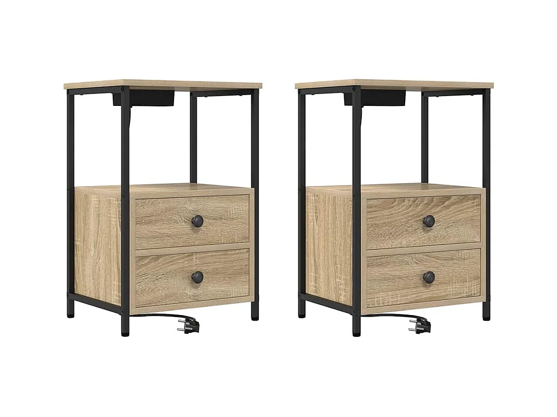 Mesita de Noche | Mesa auxiliar con Estación de Carga 2 uds. Roble Sonoma