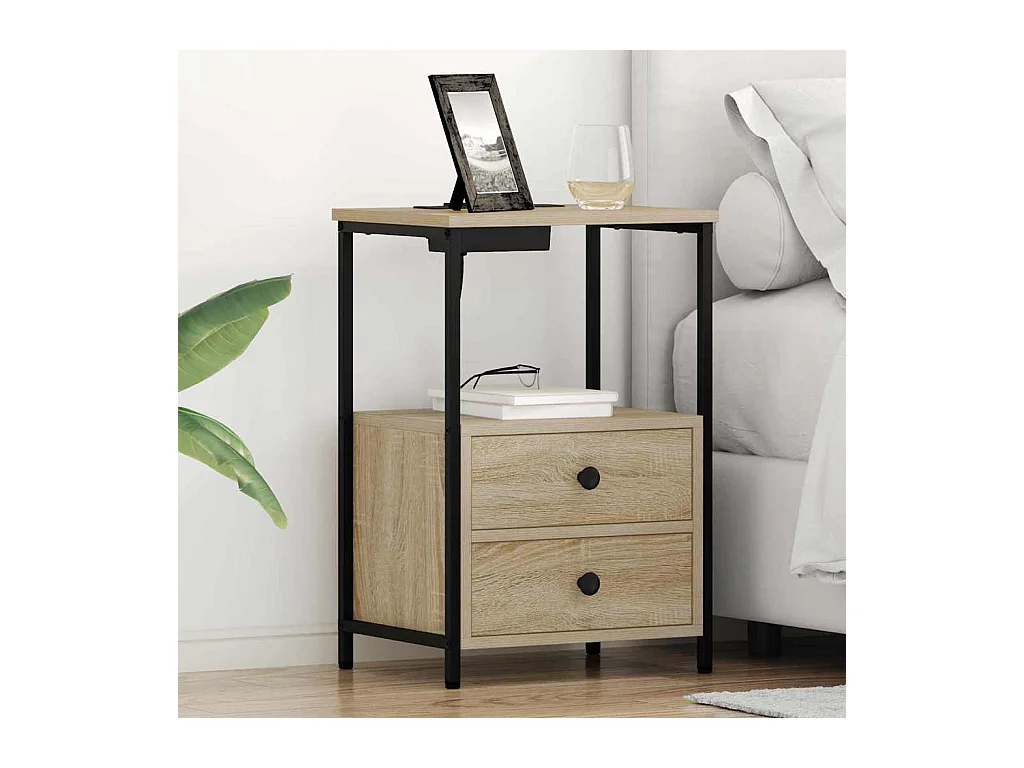 Mesita de Noche | Mesa auxiliar con Estación de Carga 2 uds. Roble Sonoma