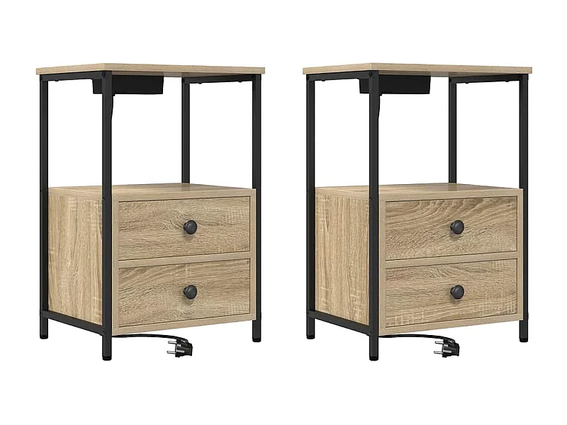 Lot de 2 Tables de chevet avec station de chargement Chêne sonoma