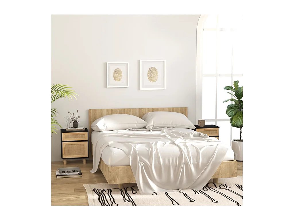 Tables de chevet-Tables d'appoint 2 pcs Noir Bois de pin massif et rotin naturel