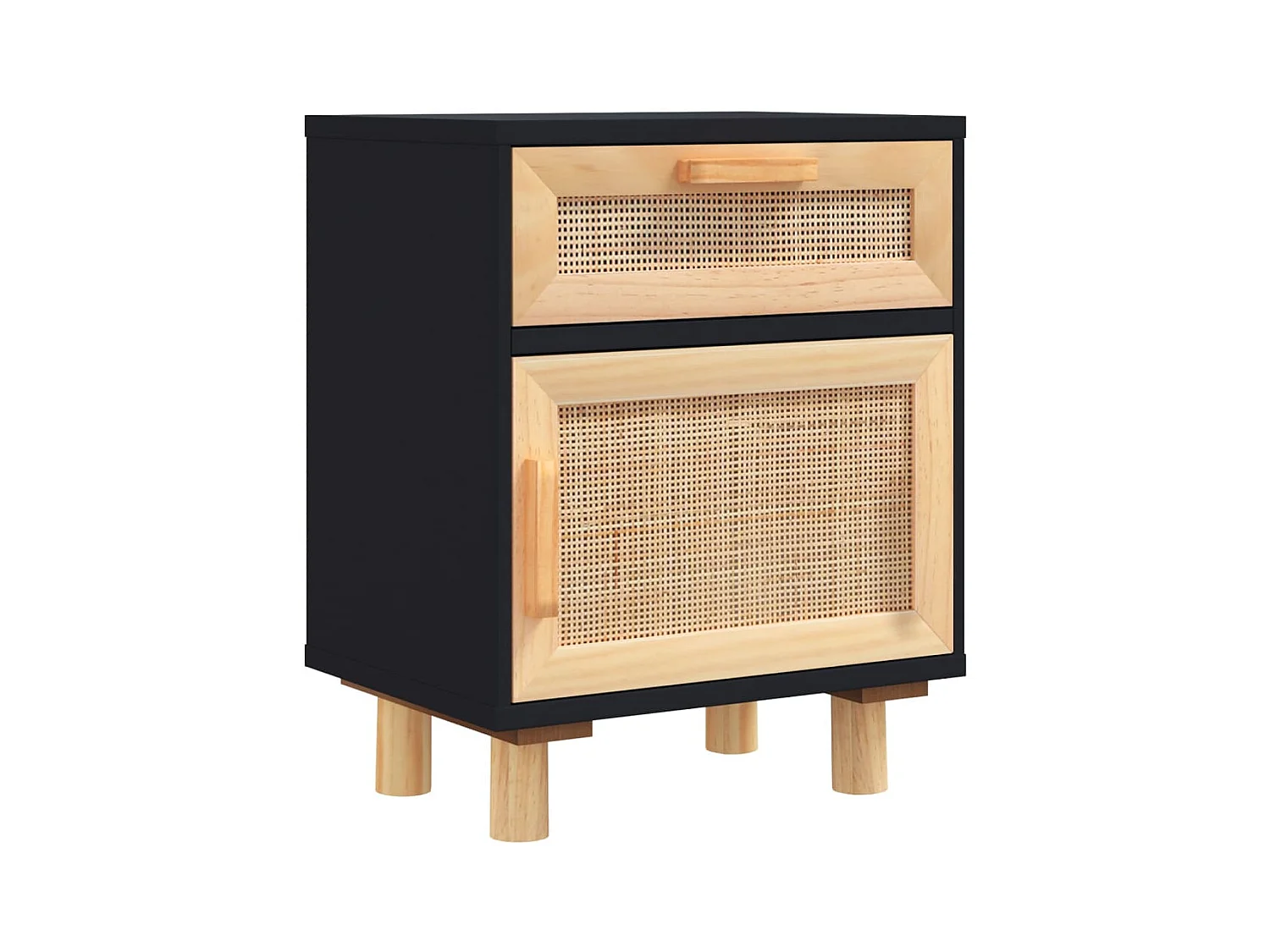 Tables de chevet-Tables d'appoint 2 pcs Noir Bois de pin massif et rotin naturel