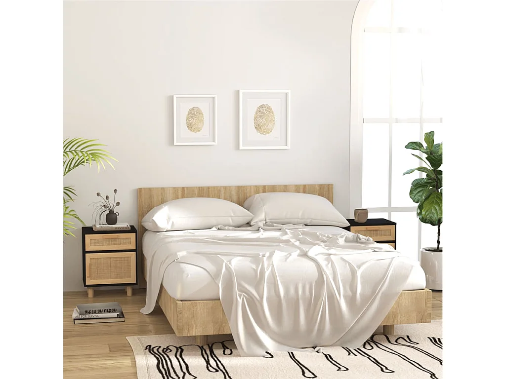 Nachttisch 2er Set-Beistelltisch Schwarz Massivholz Kiefer und Natur-Rattan SHL11731