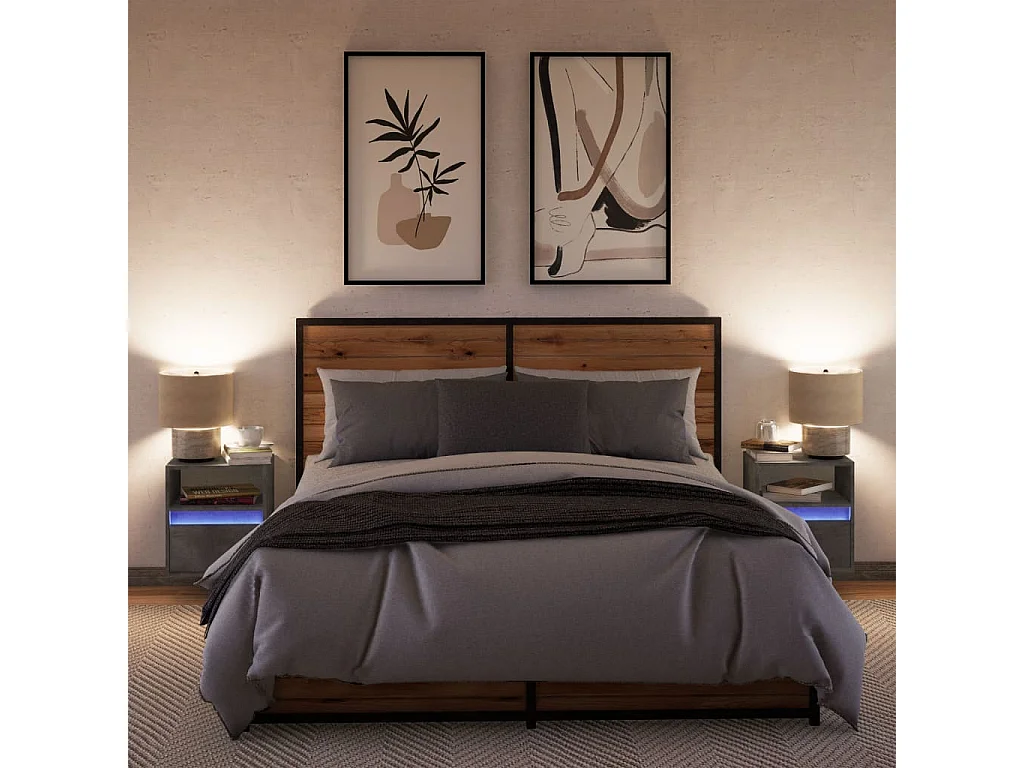 Nachttisch hängend 2er Set mit LED-Leuchten | Wand-Nachttische Betongrau SHL31865