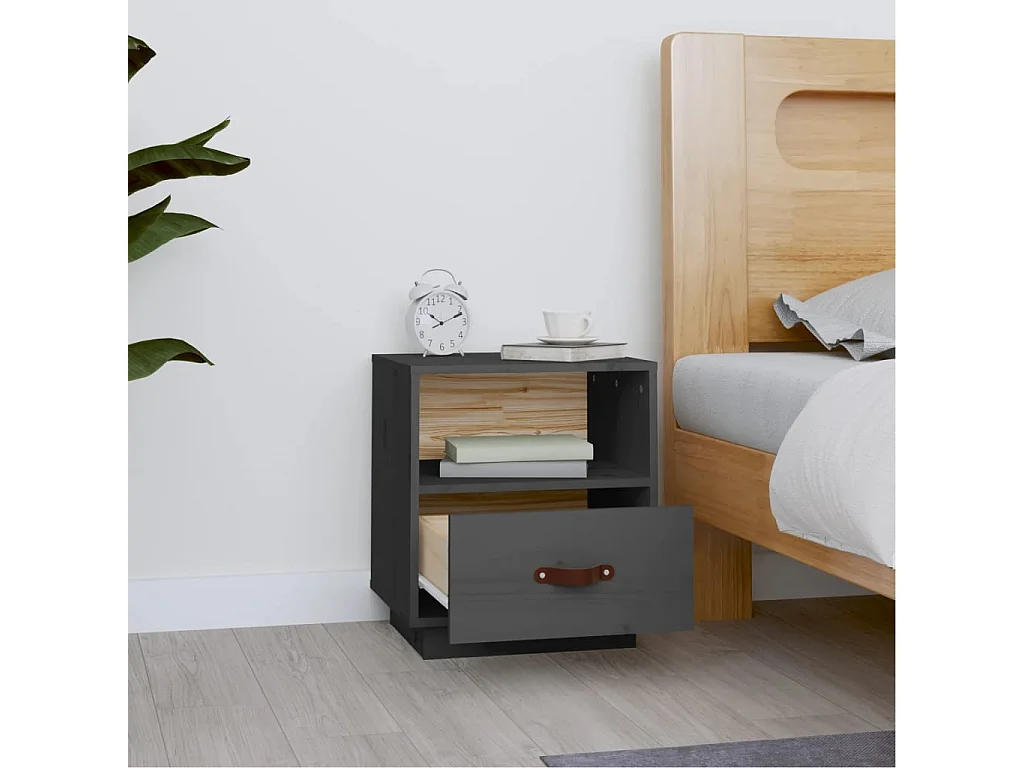 Mesita de noche | Mesilla de noche madera maciza de pino gris 40x34x45 cm