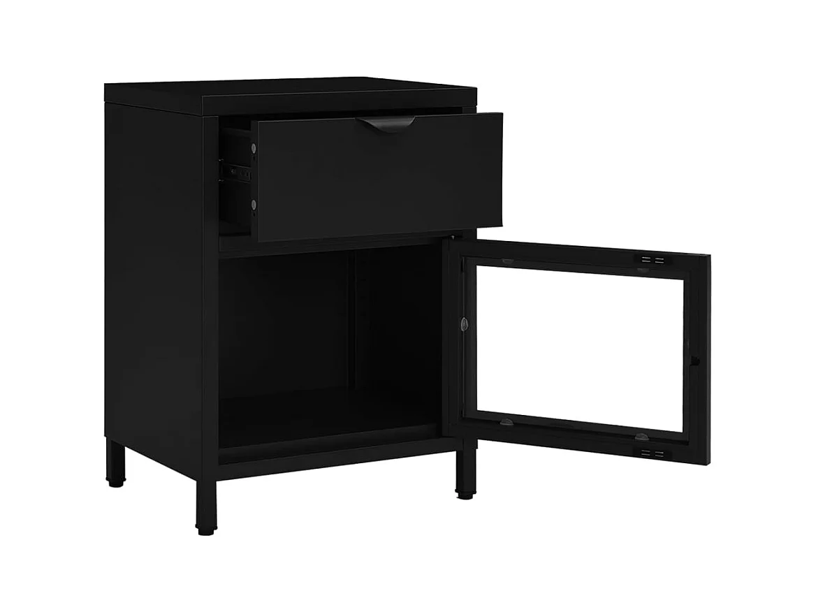 Mesita de noche | Mesilla de noche negra acero y vidrio 40x30x54,5 cm