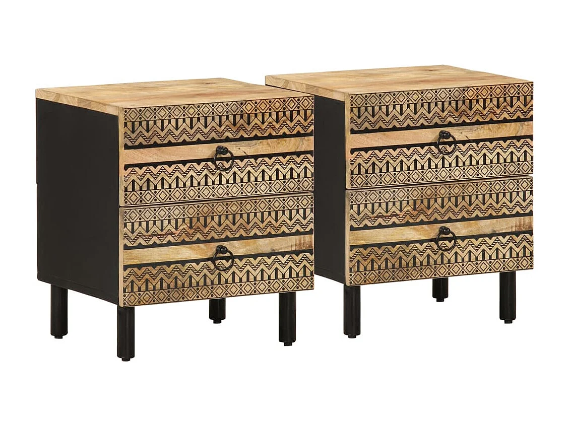 Nachttisch 2er Set-Beistelltisch-Nachttischkommode Schwarz 40x33,5x46 cm Raues Mangoholz SHL65169