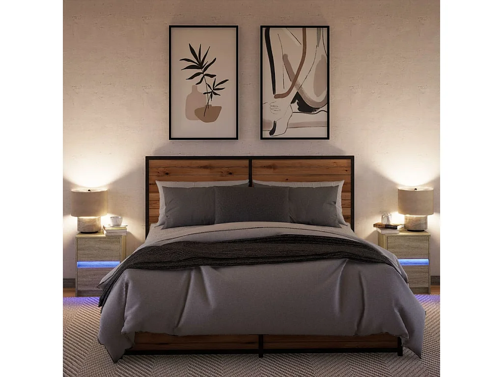 Nachttische mit LED-Leuchten 2er Set | Beistelltisch Sonoma Eiche Holzwerkstoff SHL28869