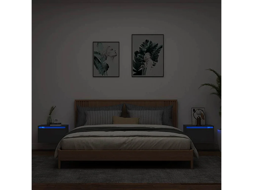 Mesitas de noche | Mesilla de noche de pared con luces LED 2 unidades negro