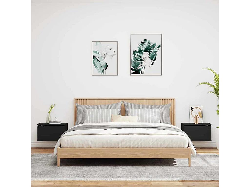 Mesitas de noche | Mesilla de noche de pared con luces LED 2 unidades negro