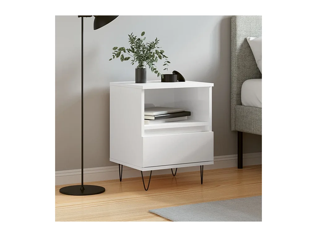 Mesita de noche | Mesilla de noche madera contrachapada blanco brillo 40x35x50 cm