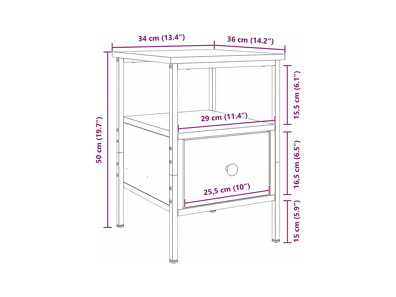 Mesita de Noche | Mesa auxiliar con cajón Roble negro 34x36x50 cm