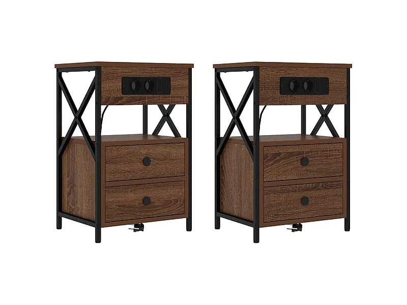 Mesita de Noche | Mesa auxiliar con Estación de Carga 2 uds. Roble Marrón