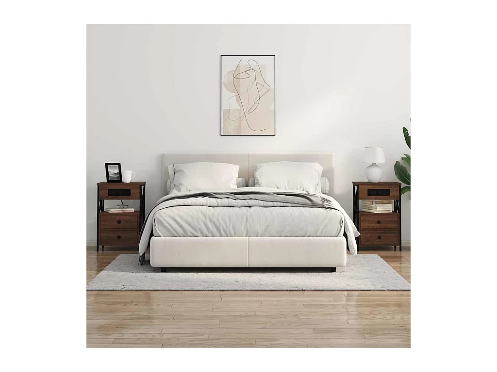 Mesita de Noche | Mesa auxiliar con Estación de Carga 2 uds. Roble Marrón