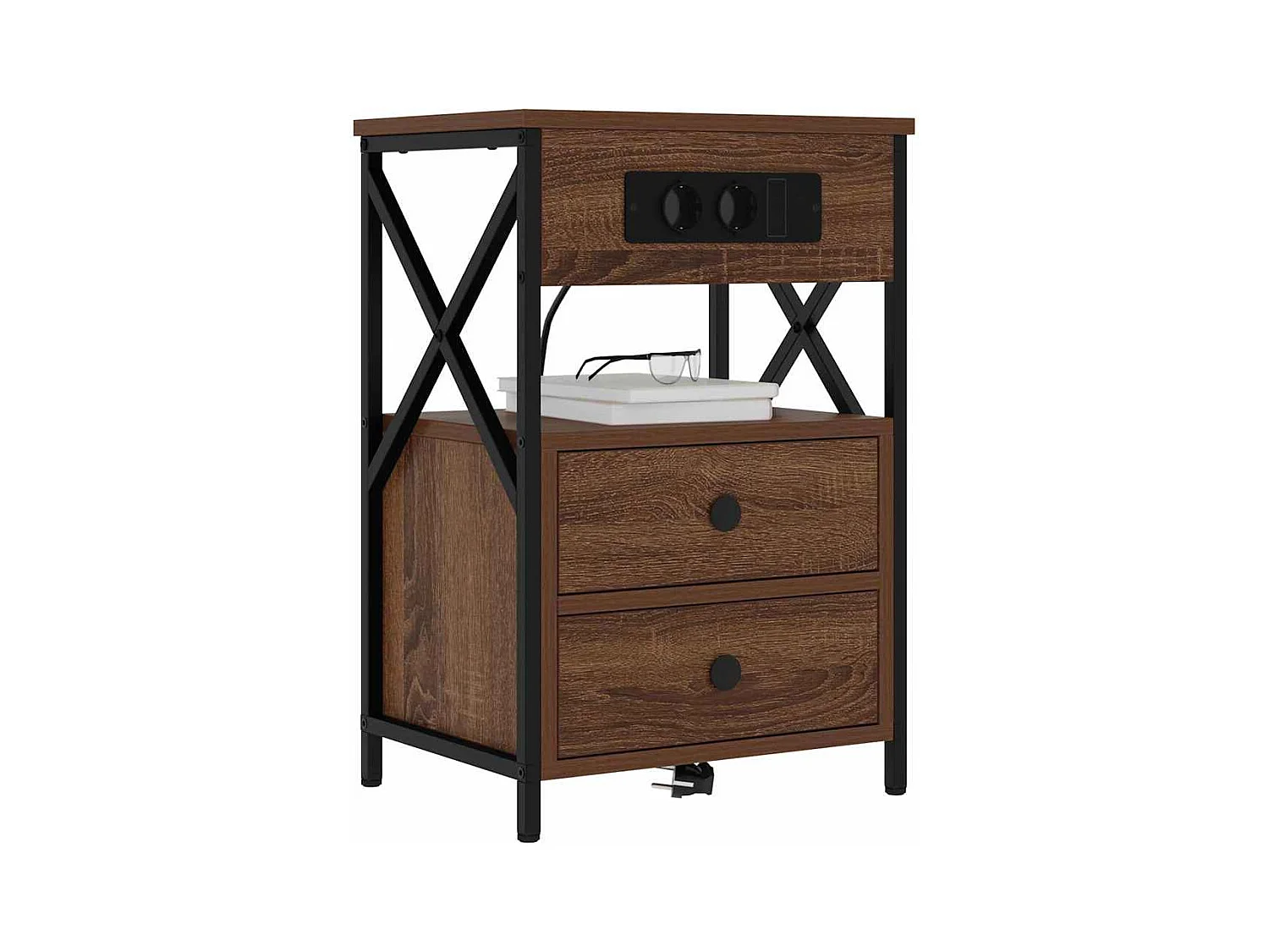 Mesita de Noche | Mesa auxiliar con Estación de Carga 2 uds. Roble Marrón