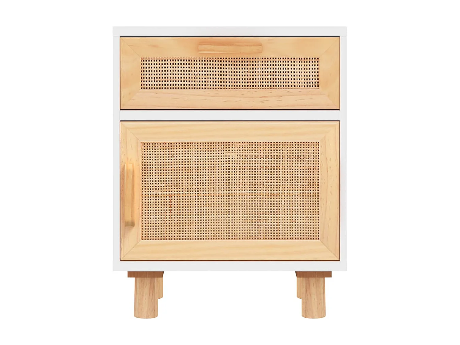 Nachttisch-Beistelltisch Weiß Massivholz Kiefer und Natur-Rattan SHL8028