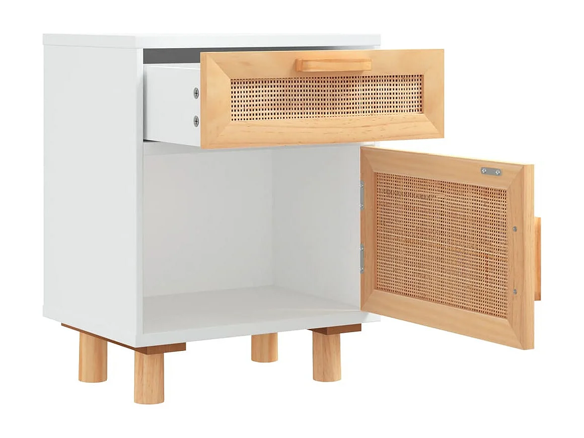 Nachttisch-Beistelltisch Weiß Massivholz Kiefer und Natur-Rattan SHL8028