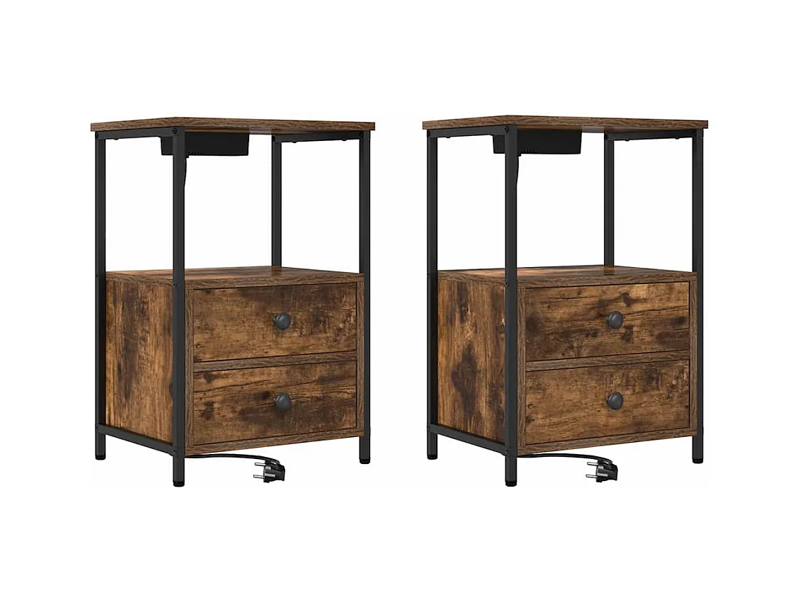 Mesita de Noche | Mesa auxiliar con Estación de Carga 2 uds. Roble ahumado