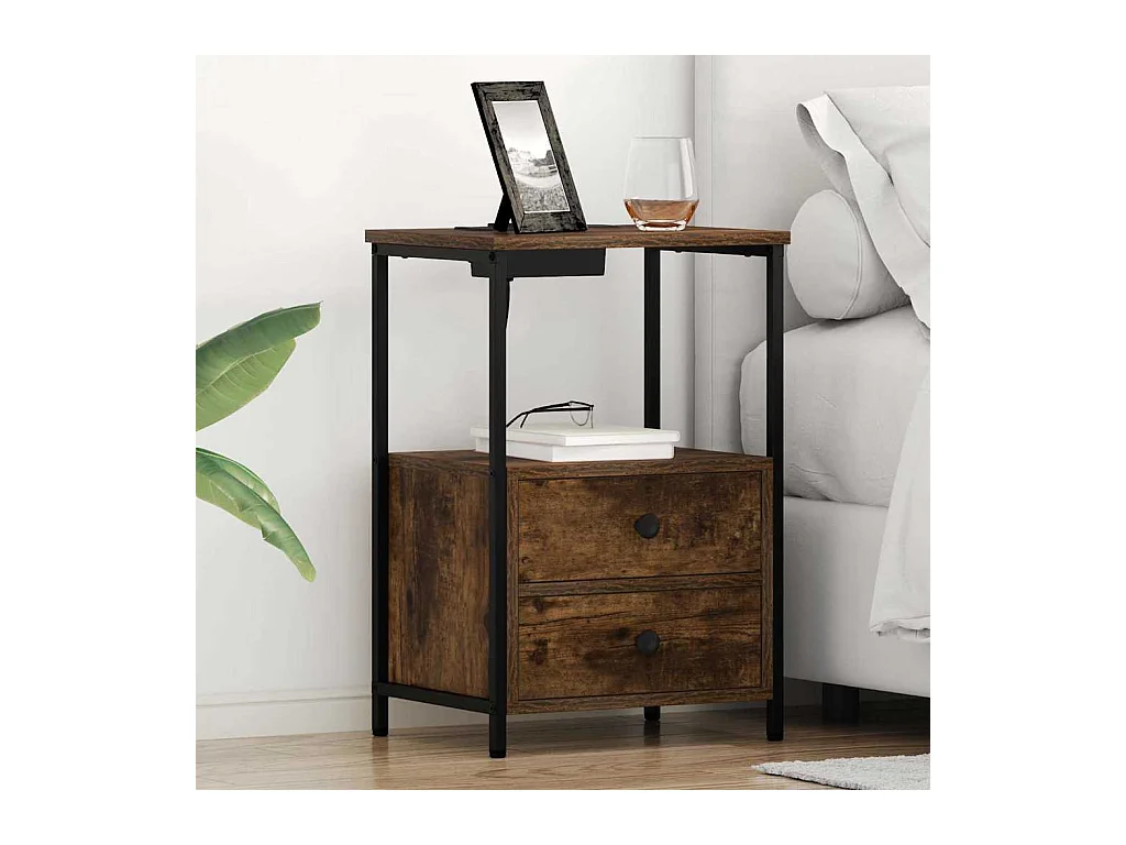 Mesita de Noche | Mesa auxiliar con Estación de Carga 2 uds. Roble ahumado