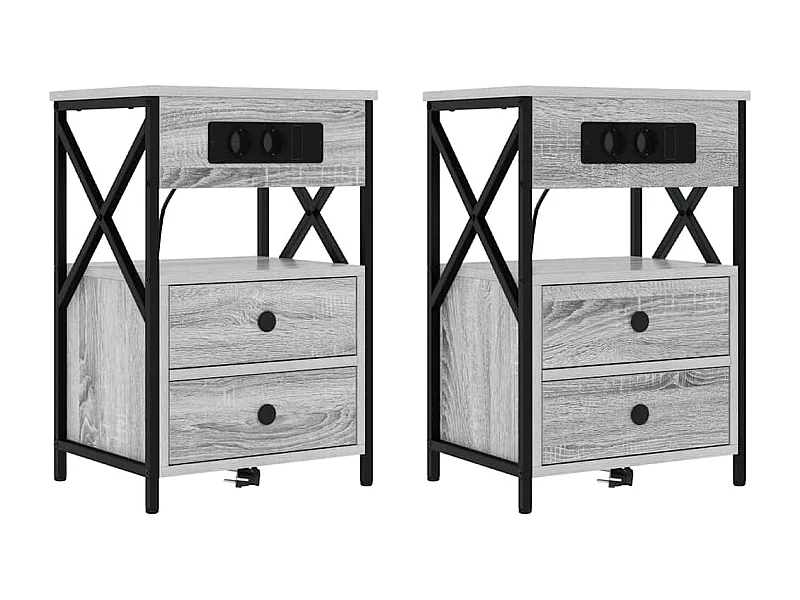 Mesita de Noche | Mesa auxiliar con Estación de Carga 2 uds. Gris sonoma