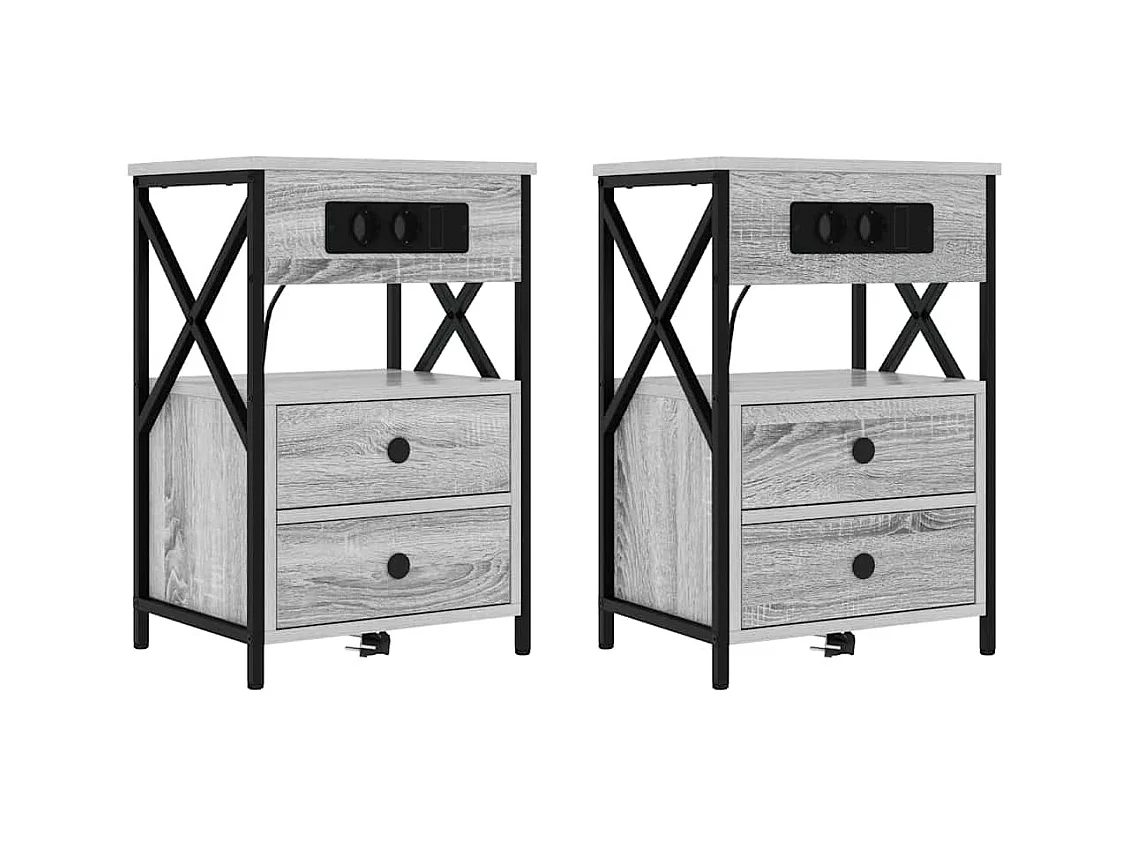 Mesita de Noche | Mesa auxiliar con Estación de Carga 2 uds. Gris sonoma