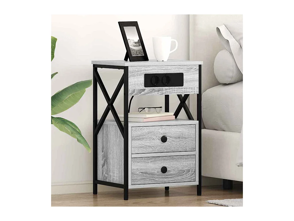 Mesita de Noche | Mesa auxiliar con Estación de Carga 2 uds. Gris sonoma