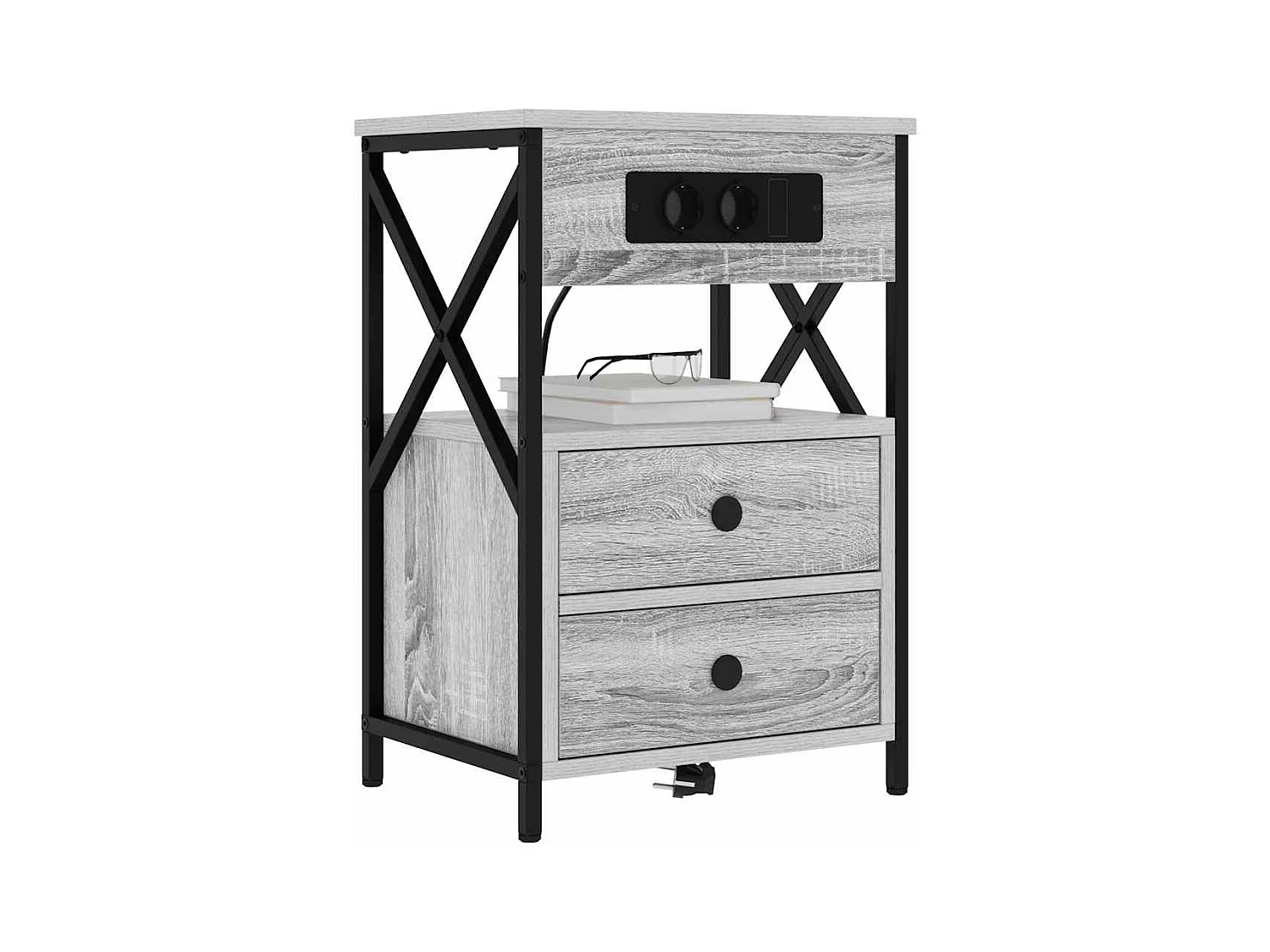 Mesita de Noche | Mesa auxiliar con Estación de Carga 2 uds. Gris sonoma