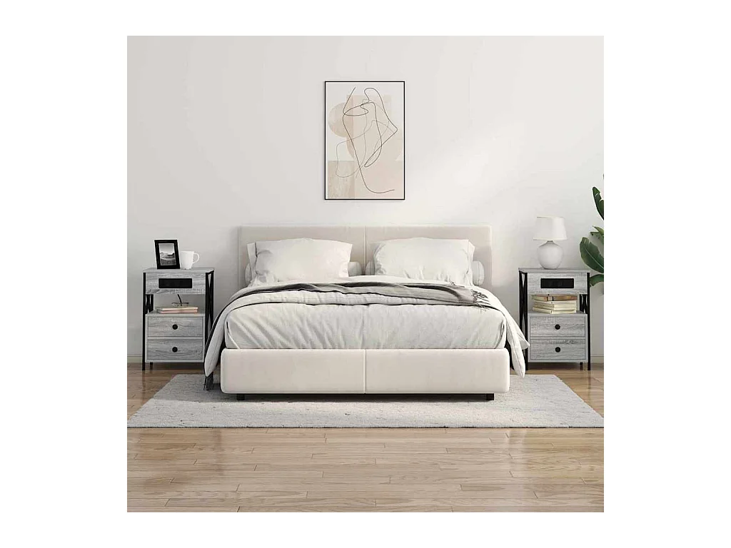 Mesita de Noche | Mesa auxiliar con Estación de Carga 2 uds. Gris sonoma