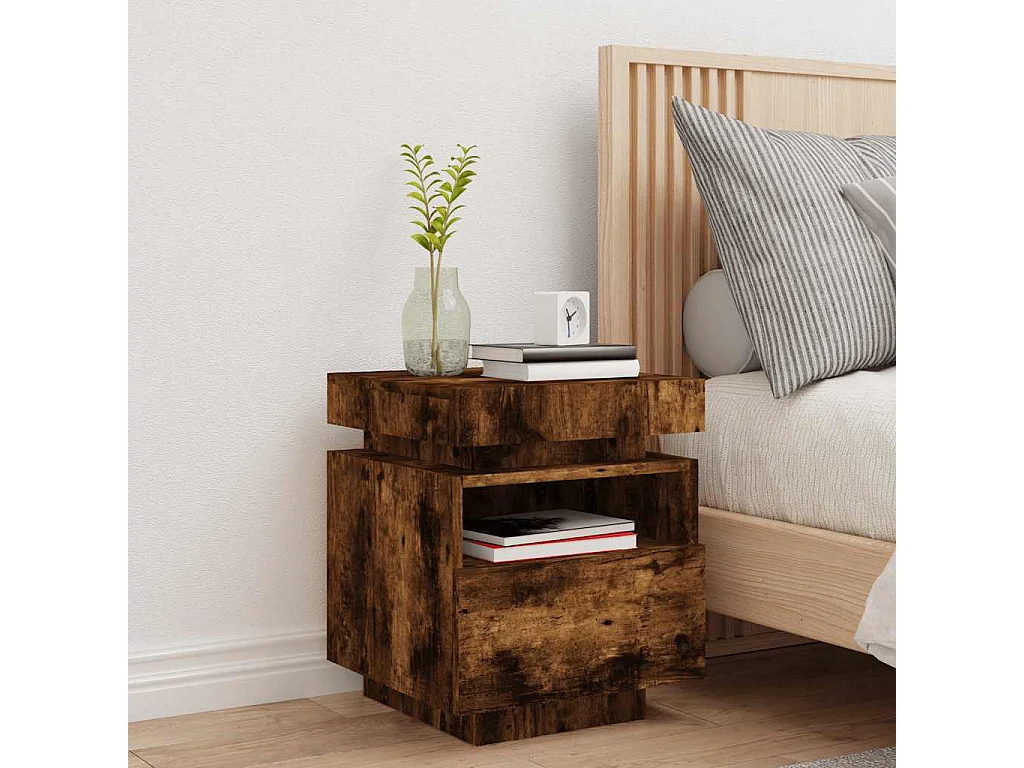 Nachttisch-Beistelltisch mit LED-Leuchten Räuchereiche 40x39x48,5 cm SHL36405