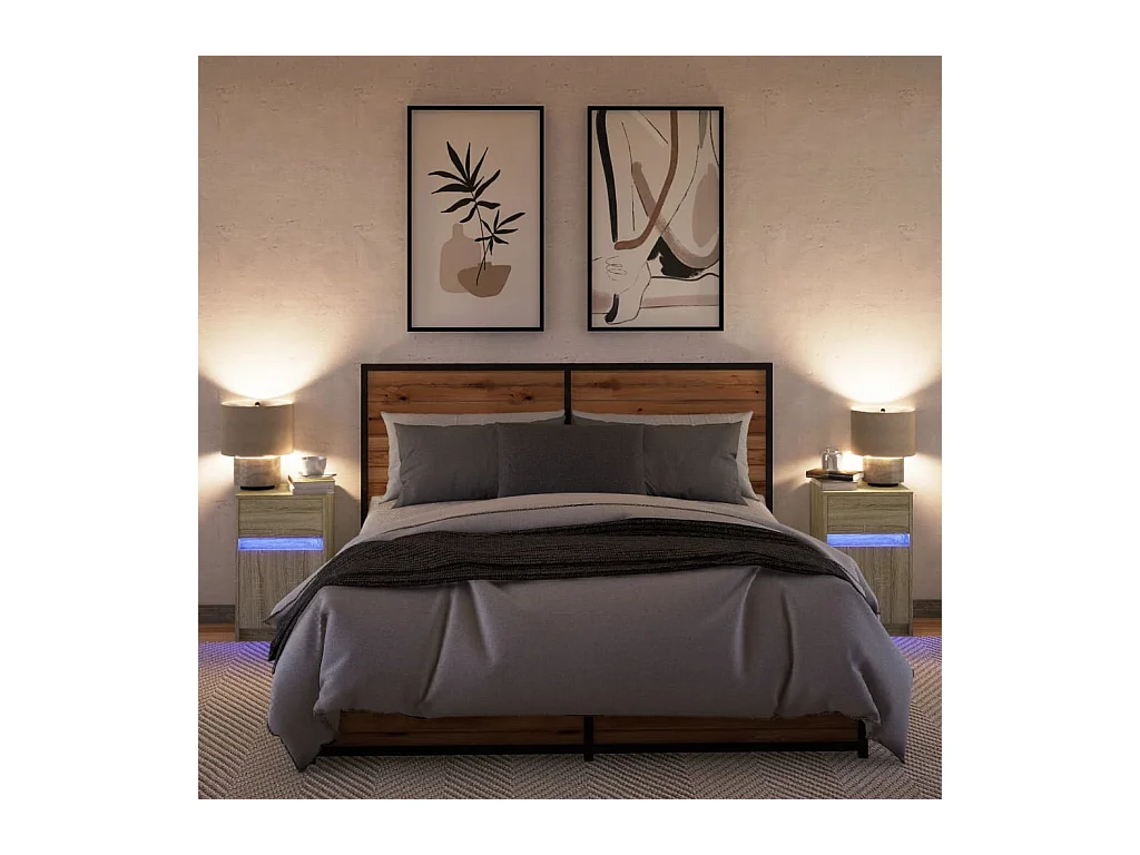 Mesitas de noche | Mesilla de noche luces LED 2 uds madera ingeniería roble Sonoma