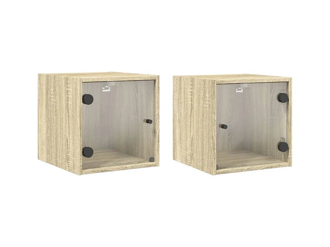 Mesitas de noche | Mesilla de noche con puertas vidrio 2 uds roble Sonoma 35x37x35 cm